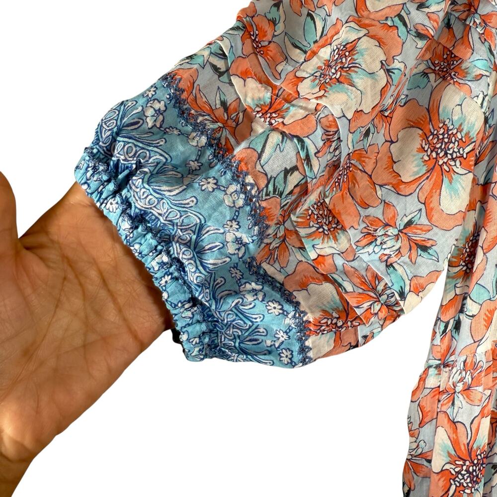 Poupette St Barth Floral Boho Midi Dress Blue Orange Print Size XS Romantic - Picture 7 of 14